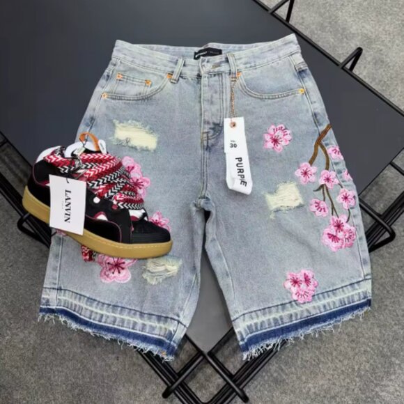 Y2k Cherry Blossom Embroidered Denim Shorts - Picture 1 of 4